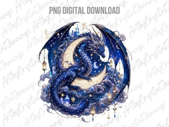 Download Watercolor Celestial Moon Dragon PNG - Premium Resources